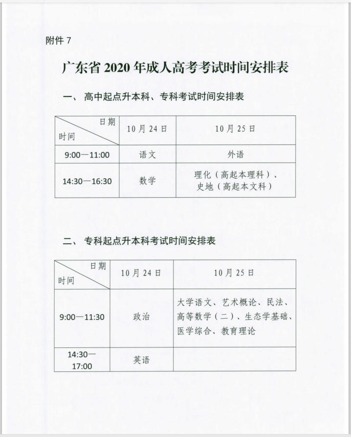 2020年廣東成人高考考試科目及時間安排！（最新版）